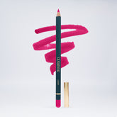 A person with a clear complexion applying a lip pencil in hot pink shade, with a matte finish.