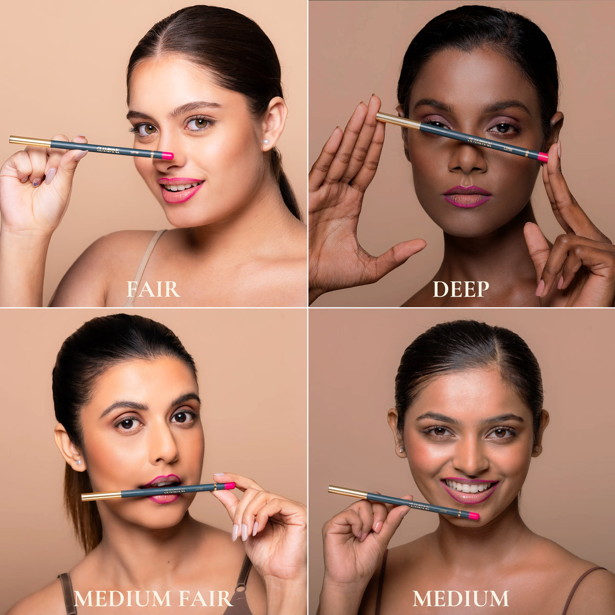 Four women demonstrating makeup application with a pencil, labeled 'Fair', 'Deep', 'Medium Fair', and 'Medium'.