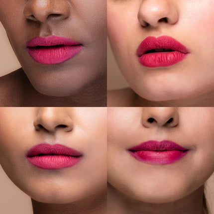 Close-up of four different skin tones wearing a bright pink lipstick.