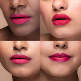 Close-up of four different skin tones wearing a bright pink lipstick.