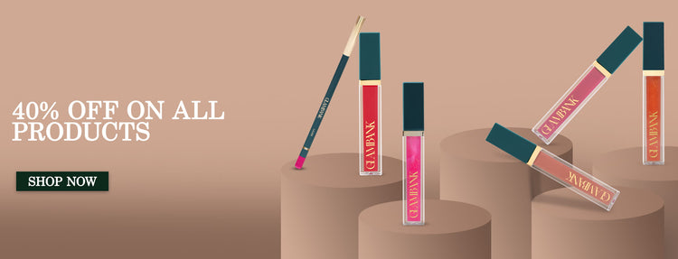 Cosmetic products with '40% Off on All Products' text and 'Shop Now' button on a brown background